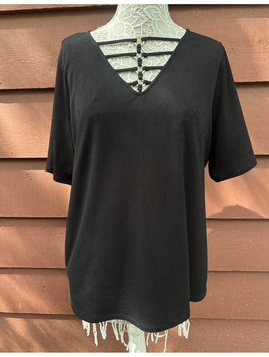 Bold Elements Tops - Bold Elements Black Cut to Curve V Neck Top with Strap and Ring Detail